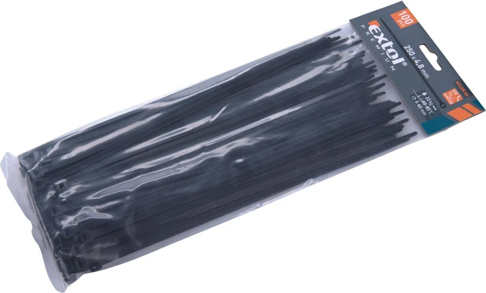 Speciální Cena Pásky stahovací na kabely černé, 250x4,8mm, 100ks, nylon PA66 EXTOL PREMIUM