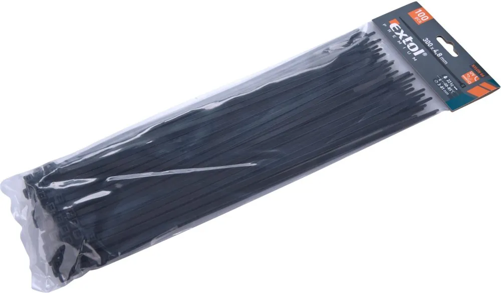 Cenový Hit Pásky stahovací na kabely černé, 300x4,8mm, 100ks, nylon PA66 EXTOL PREMIUM