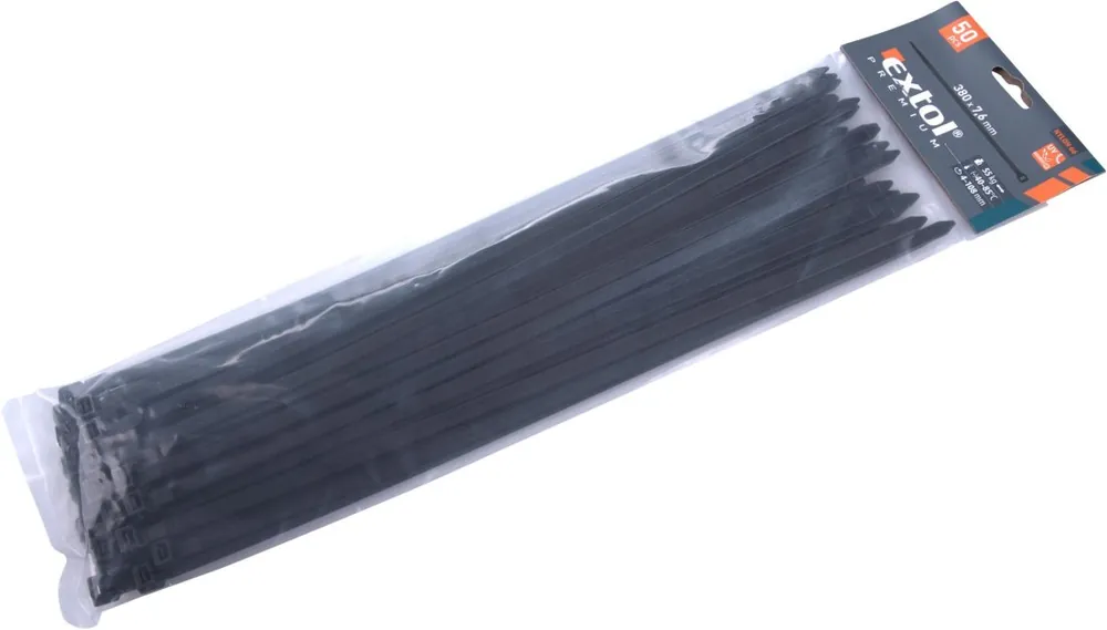 Nejprodávanější Pásky stahovací na kabely černé, 380x7,6mm, 50ks, nylon PA66 EXTOL PREMIUM