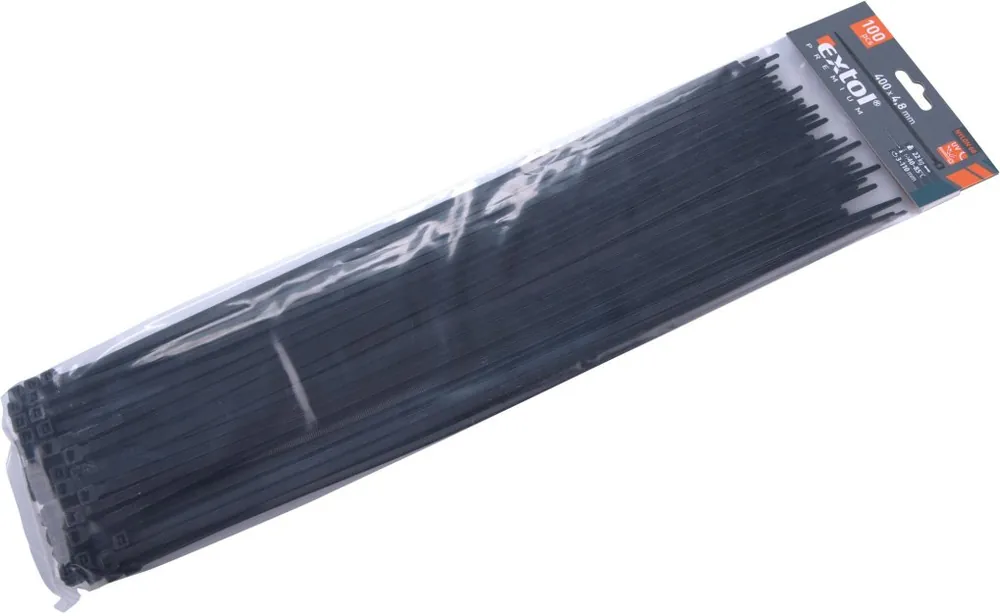 Nejlepší Cena Pásky stahovací na kabely černé, 400x4,8mm, 100ks, nylon PA66 EXTOL PREMIUM