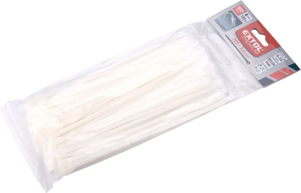 Akce Pásky stahovací na kabely EXTRA, bílé, 205x3,6mm, 100ks, nylon PA66 EXTOL PREMIUM