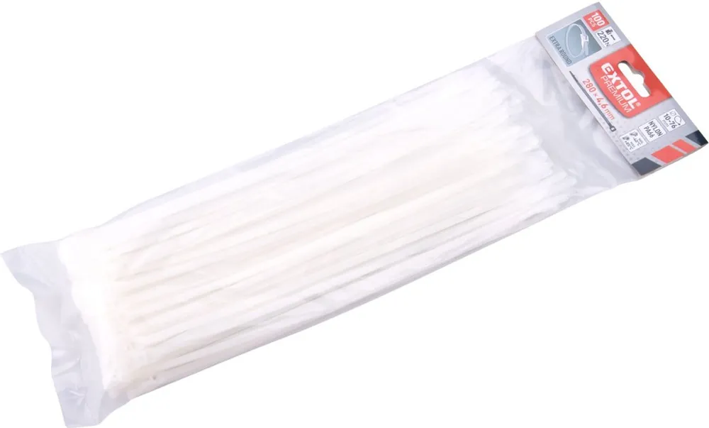 Akční Nabídka Pásky stahovací na kabely EXTRA, bílé, 280x4,6mm, 100ks, nylon PA66 EXTOL PREMIUM