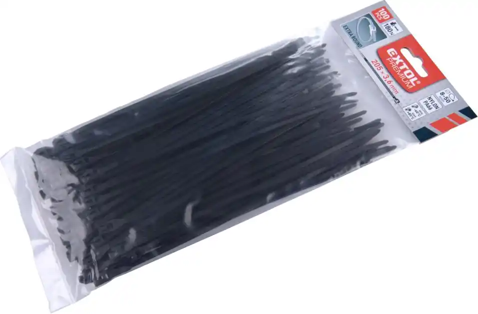 Pásky stahovací na kabely EXTRA, černé, 200x3,6mm, 100ks, nylon PA66 EXTOL PREMIUM Jen Po Omezenou Doba