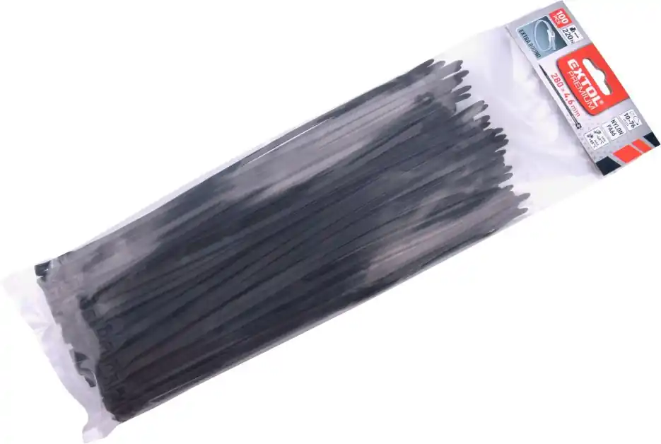 Pásky stahovací na kabely EXTRA, černé, 280x4,6mm, 100ks, nylon PA66 EXTOL PREMIUM Jen Po Omezenou Doba