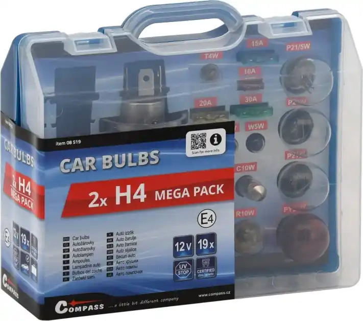 Nejprodávanější Compass žárovky 12V servisní box MEGA H4+H4+pojistky