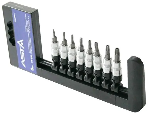 Vysoce Kvalitní Zástrčné hlavice TORX s otvorem 1/4", TX8 - TX40, sada 8 ks - ASTA BITSET-81/4T