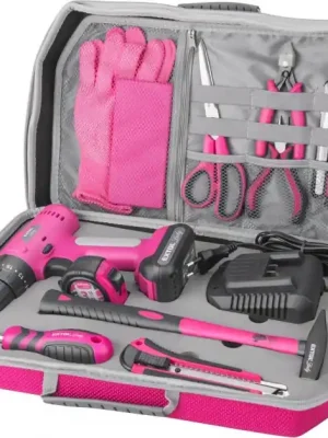 Vrtací šroubovák aku s příklepem, růžový, 12V Li-ion, 2000mAh, v kufru s nářadím, sada 27ks EXTOL LADY Dokud Zásoby Vydrží