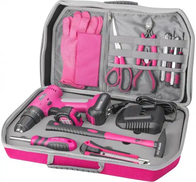 Vrtací šroubovák aku s příklepem, růžový, 12V Li-ion, 2000mAh, v kufru s nářadím, sada 27ks EXTOL LADY Dokud Zásoby Vydrží