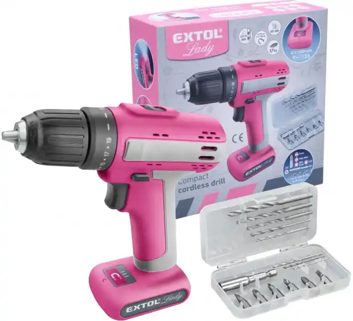 Speciální Cena Vrtací šroubovák aku, růžový, 12V Li-ion, 1500mAh EXTOL LADY