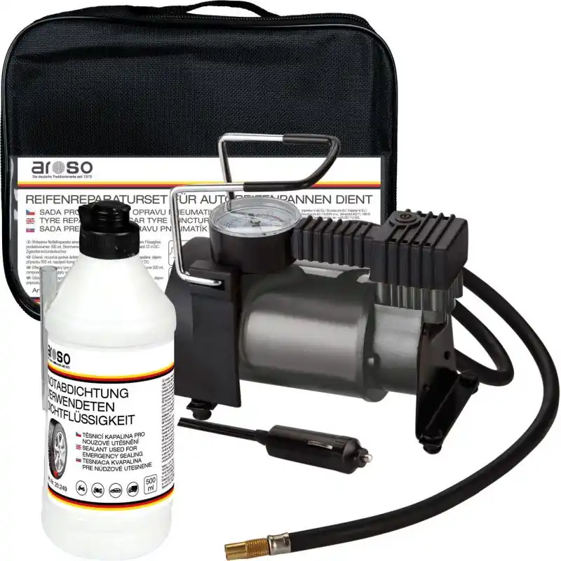 Sada na opravu / defekt pneu pro nouzové utěsnění Aroso - těsnící kapalina 500ml / kompresor 12V Oblíbený